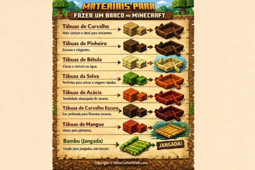 Materiais necessários para fazer um barco no Minecraft