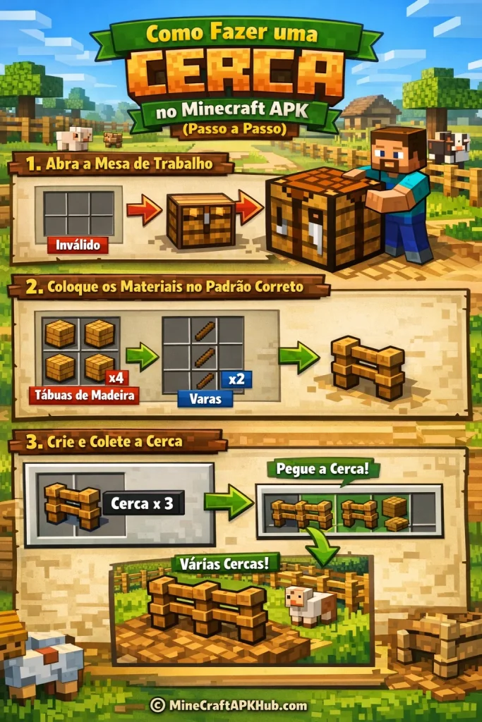 Como Fazer uma Cerca no Minecraft APK (Passo a Passo) infographic